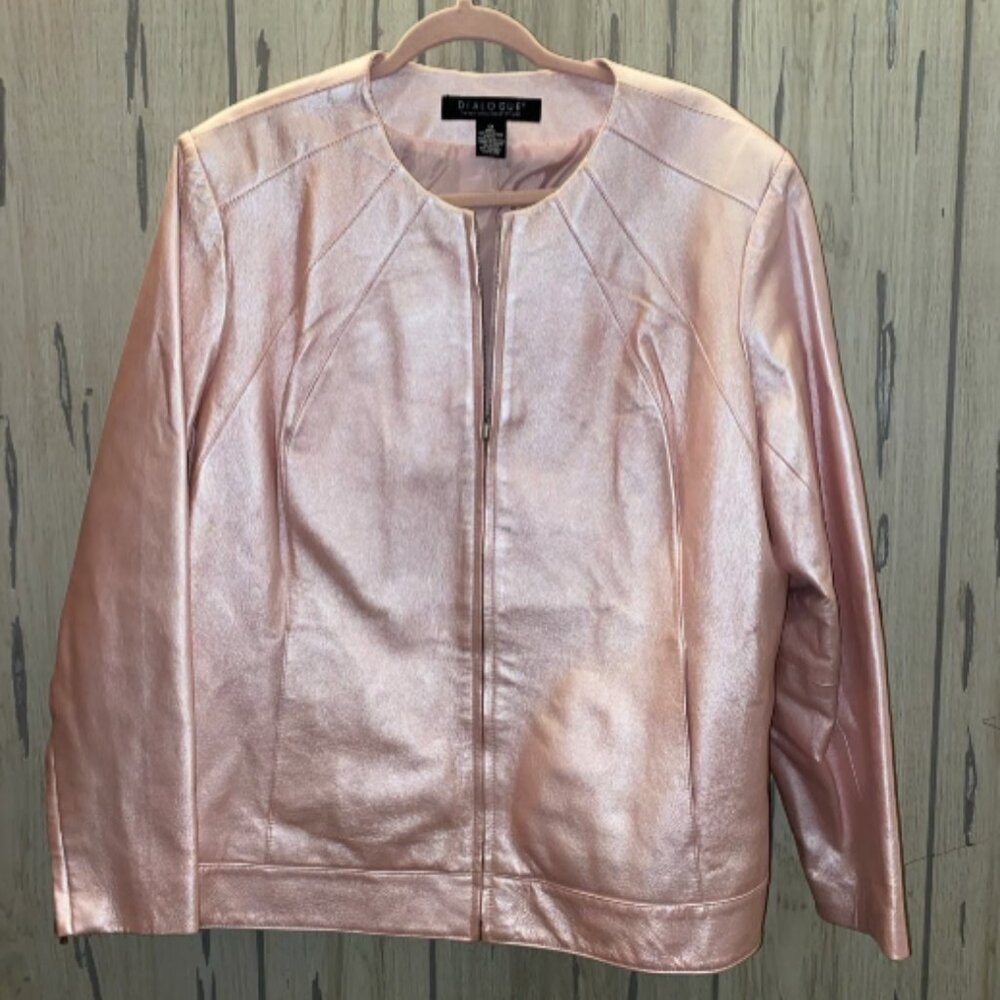 DIALOGUE Plus Size 1X Leather Pink/Pearl Full Zip Jacket